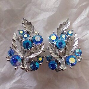 Vintage 1950s Lisner Clip On Earrings AB Rhinestones Silver Tone Leaves
